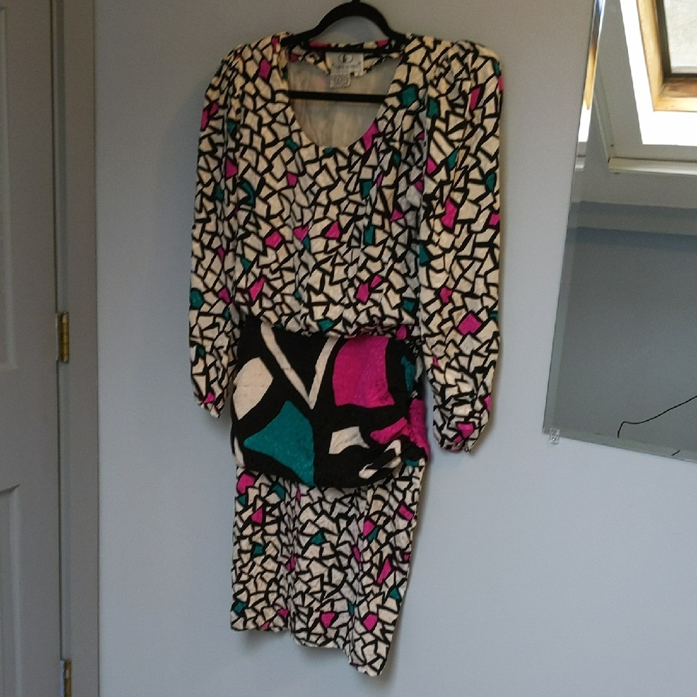 Vintage 80's Silk Geometric Patterned Dress